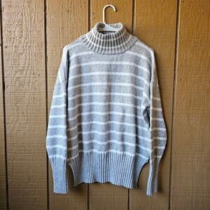 Eddie Bauer funnel neck gray and white striped women's sweater size Large